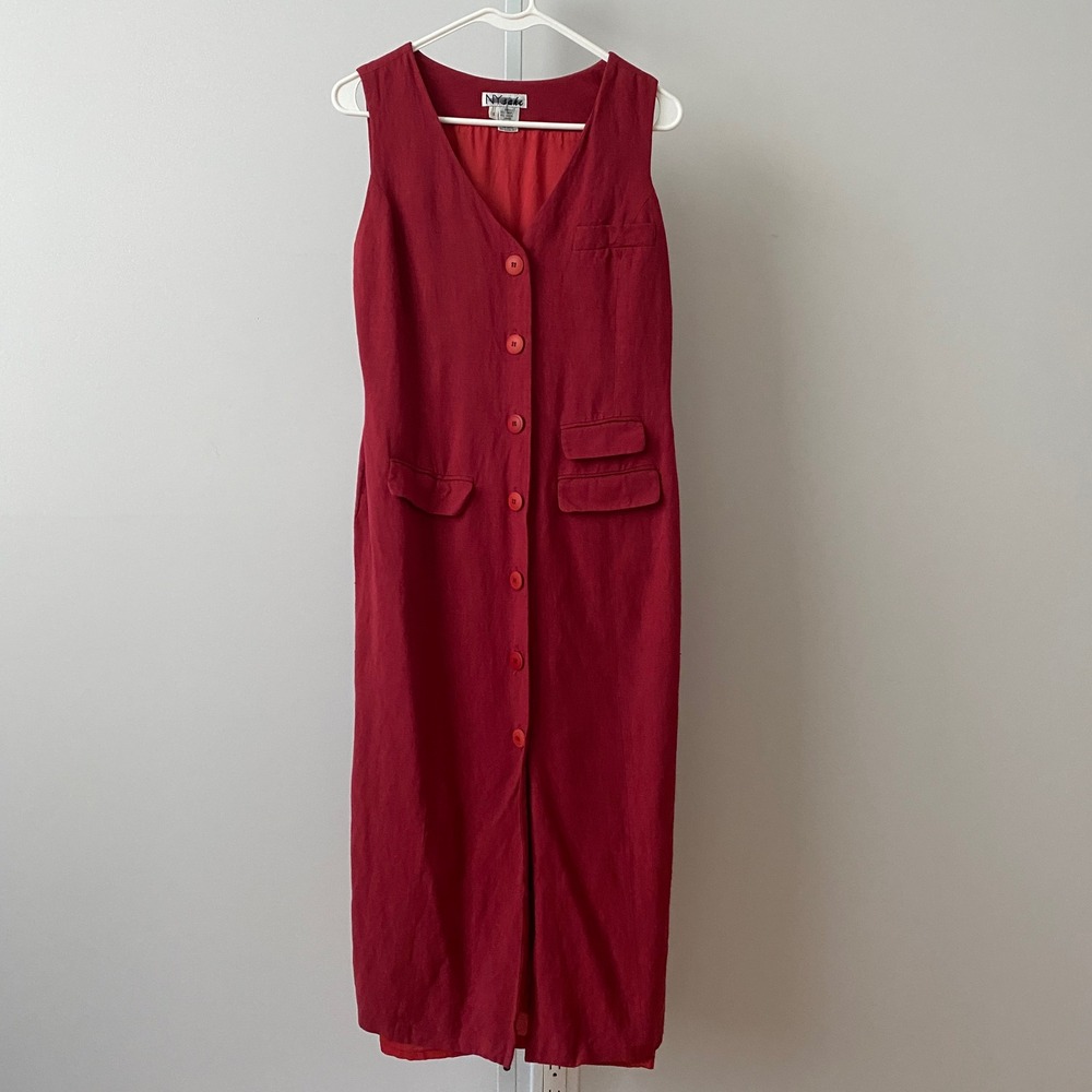 NY Sake Linen Relaxed Office Siren Academia Lagenlook Button Maxi Dress 8 Red